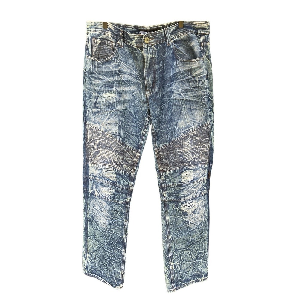 Brooklyn Xpress Moto Jeans Mens 40x34‎ Blue Acid Wash Distressed Cyber Y2K Biker